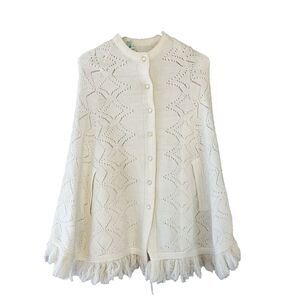 Vtg Wintuk Womens Ivory Sweater Cardigan Cape Poncho Fringe Open Knit Crew Neck